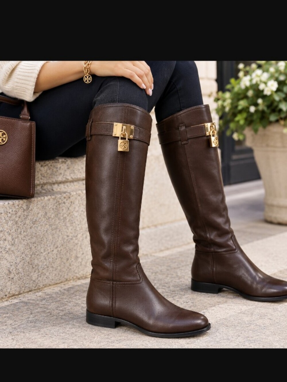 TORY BURCH Brown Leather Riding Boots With Tory Padlock Detail | 6